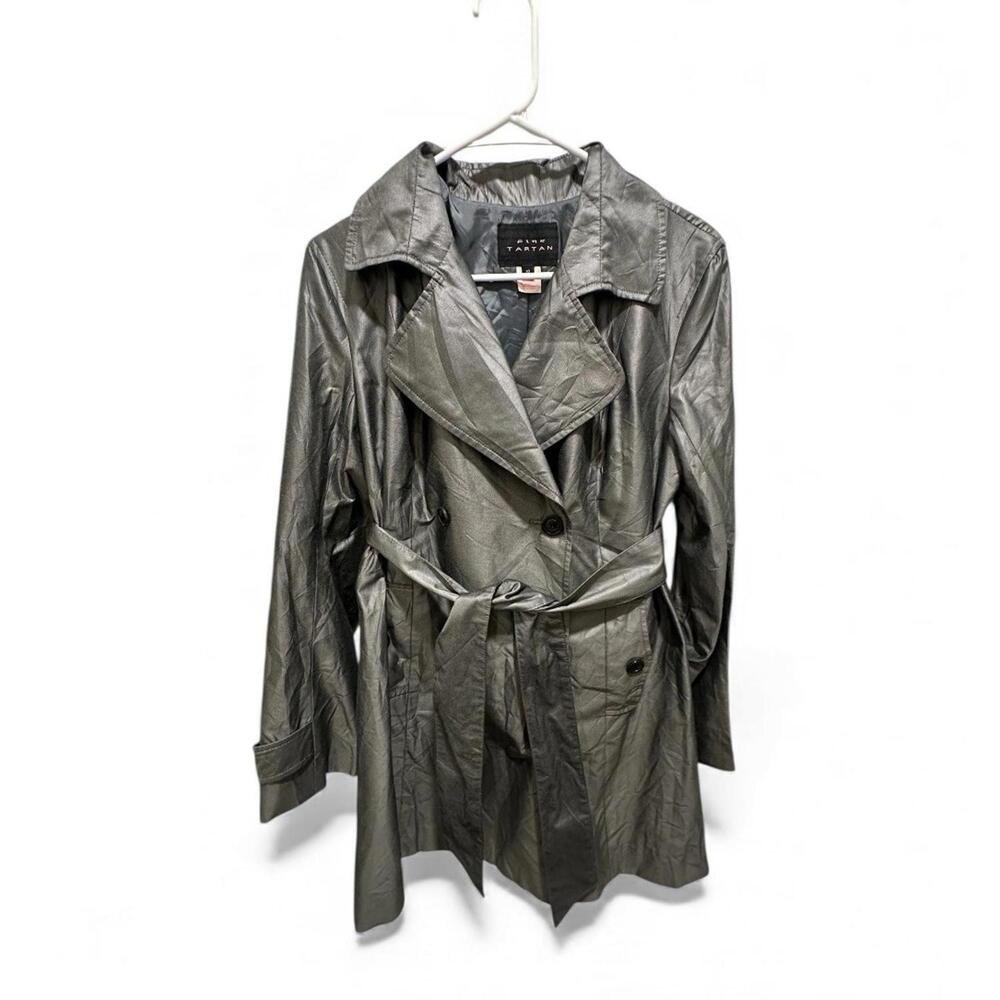 Pink Tartan Metallic Silver Trench Coat Belted Button Front Jacket Size 10